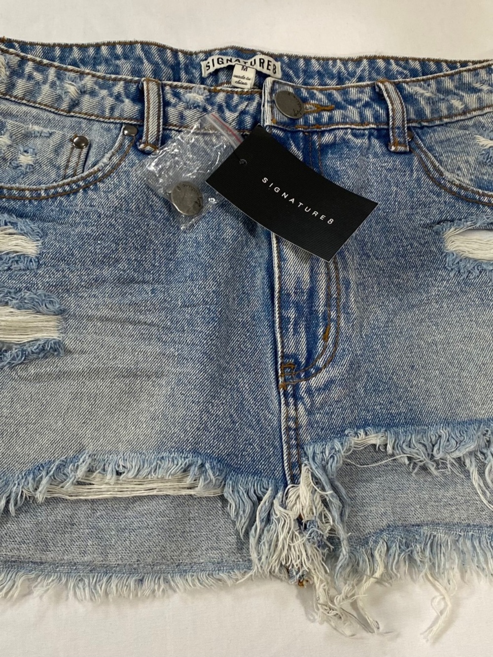 Signature8 Blue Denim Distressed Frayed Mini Jean Skirt Women’s Size Medium NWT